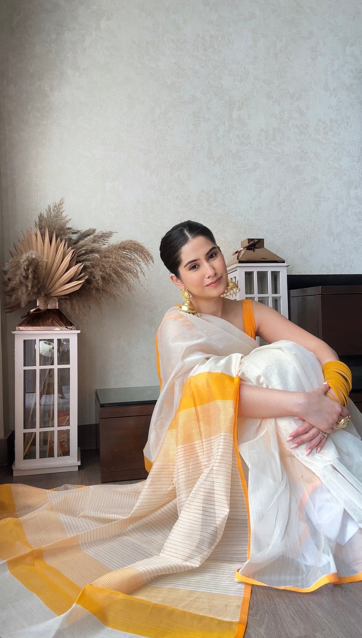 White & Yellow Maheshwari Saree