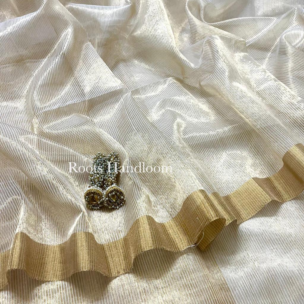 Off-White & Gold Maheshwari Saree with Zari lines all over