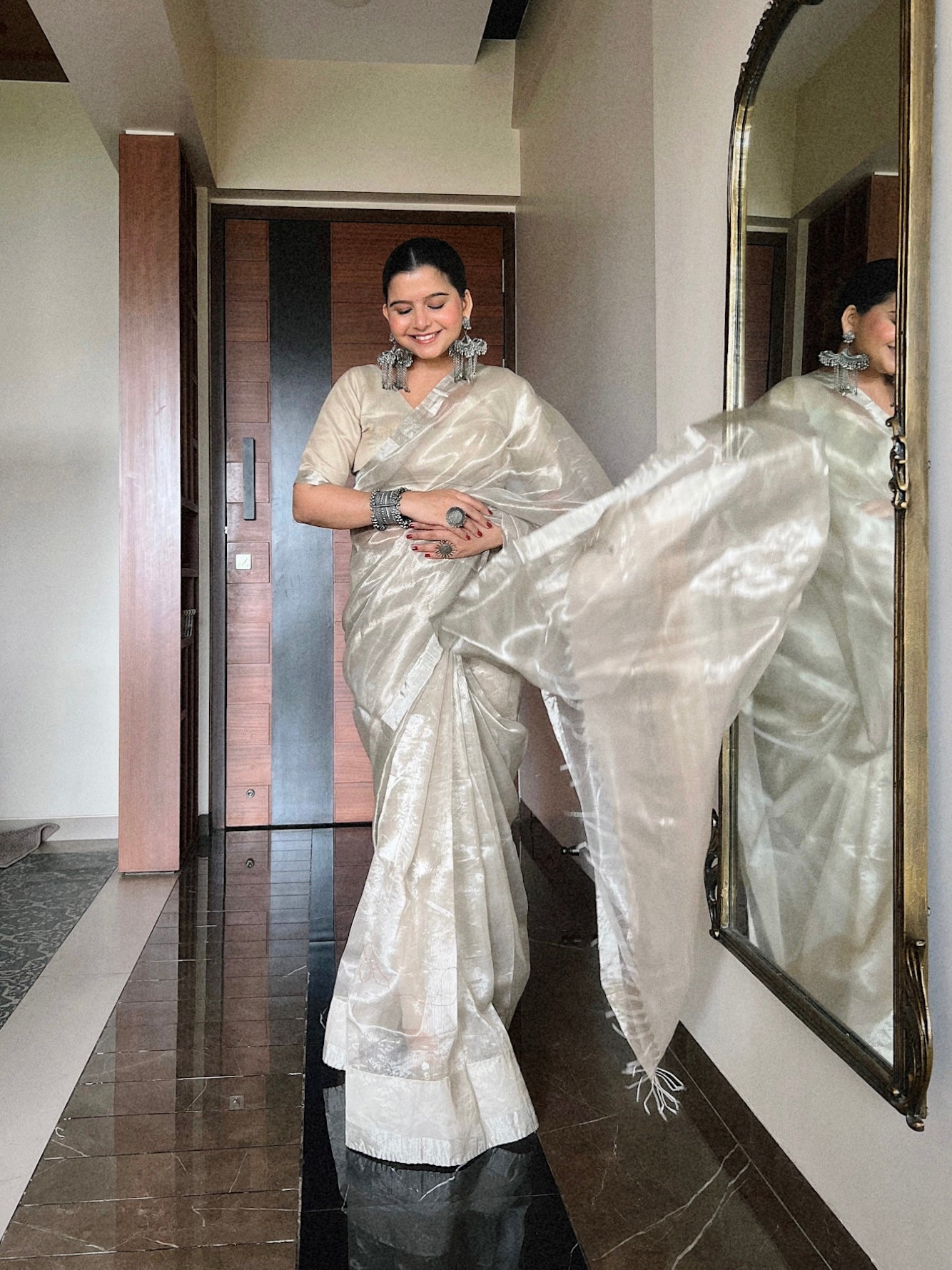 Champagne Maheshwari Saree with Zari Lines all over