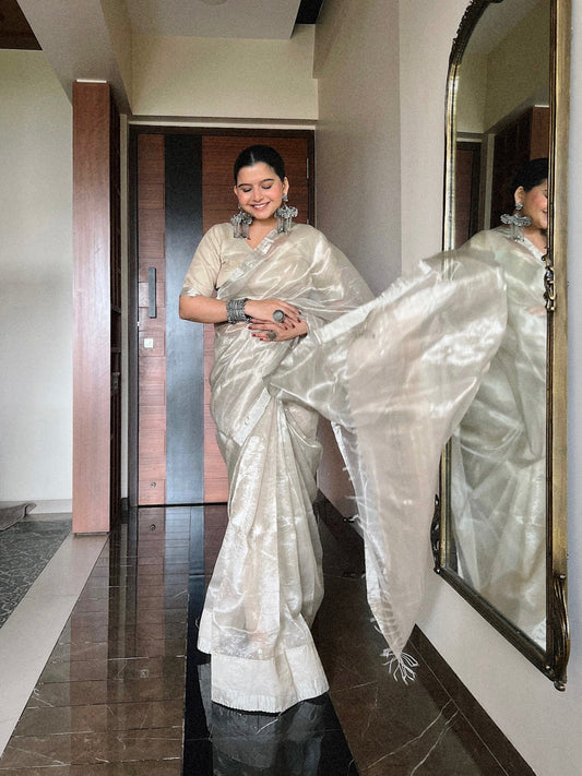 Champagne Maheshwari Saree with Zari Lines all over