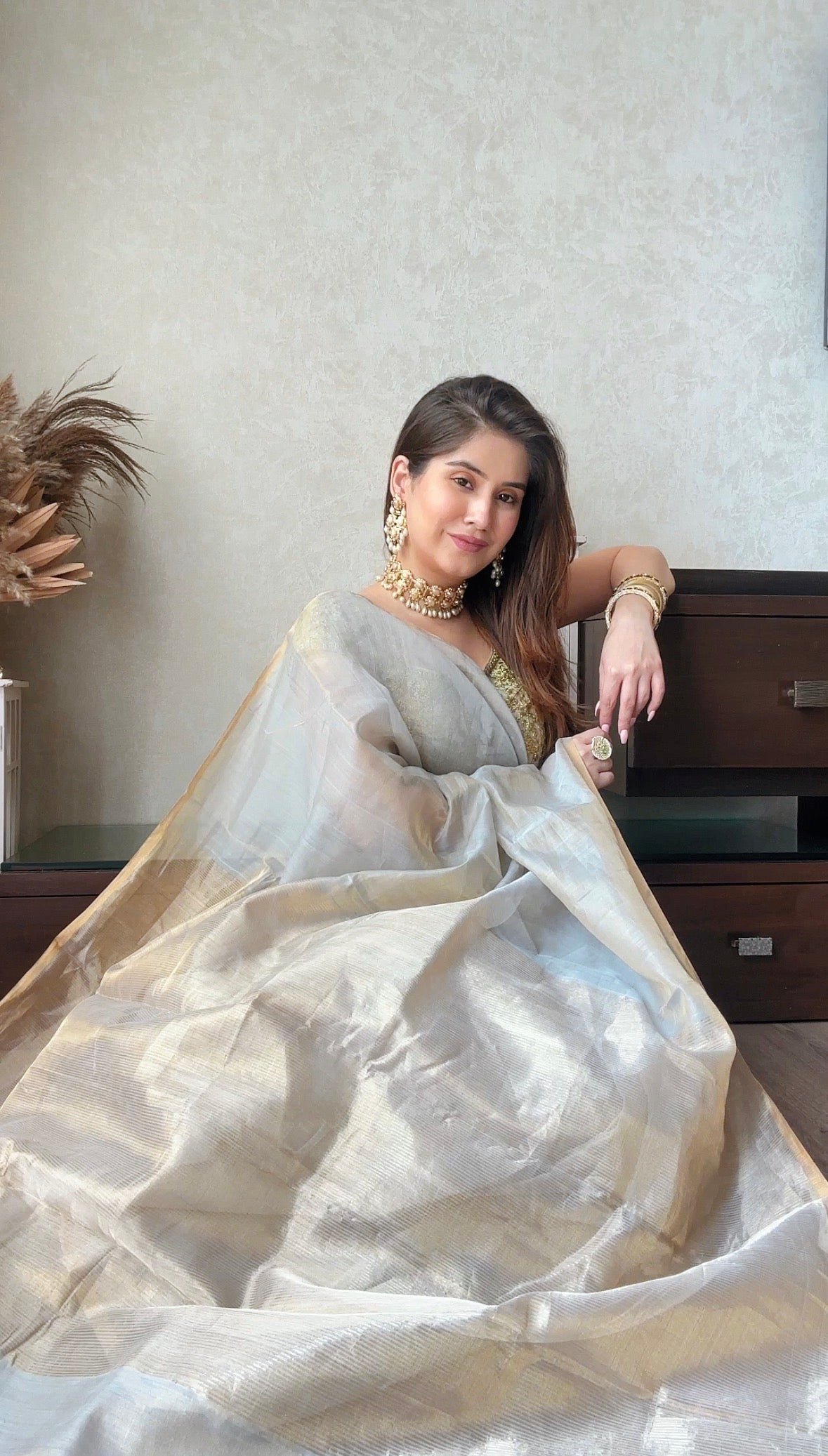 Silver Gold Maheshwari tissue silk saree with Zari lines on Pallu