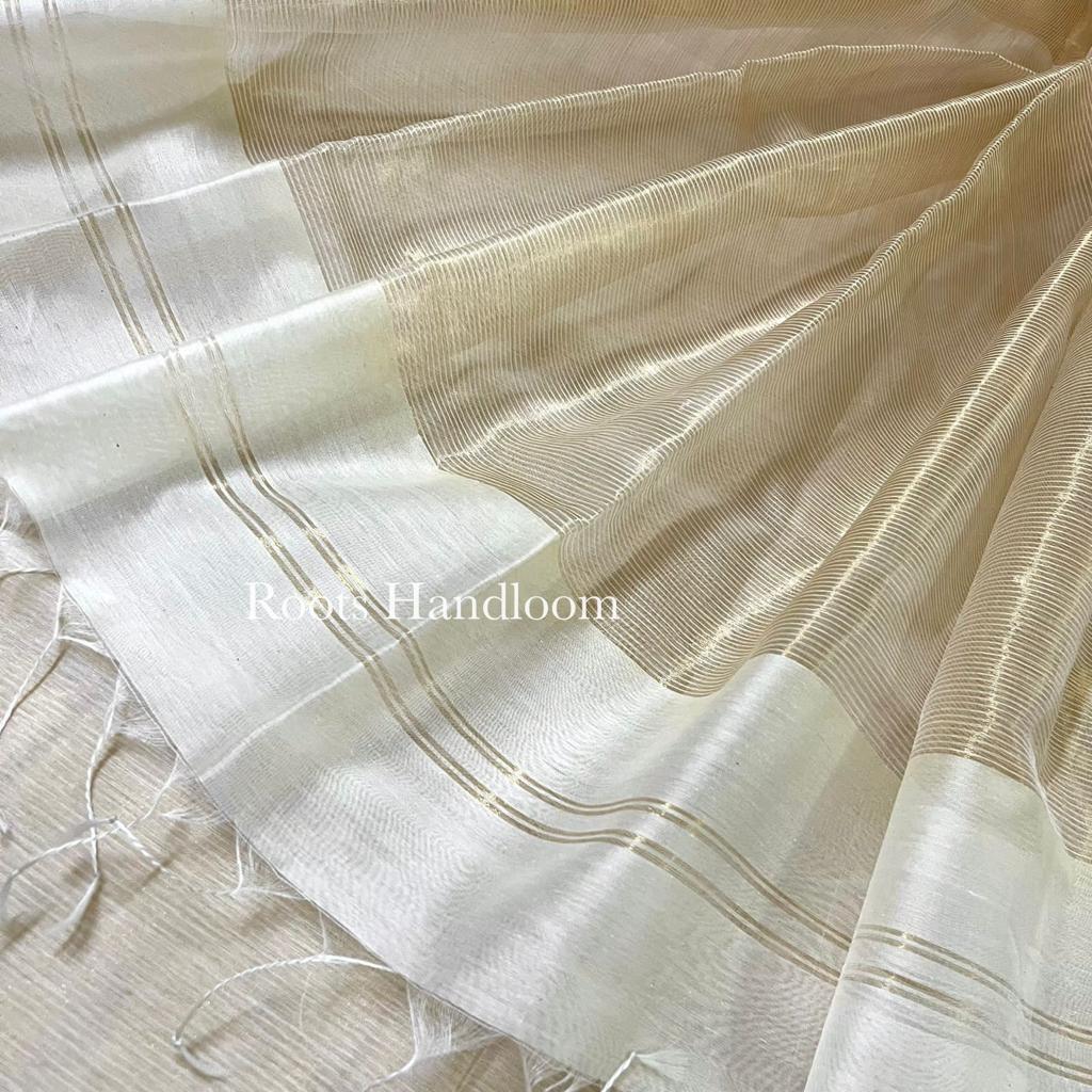 Off-White & Gold Maheshwari Saree with Zari lines all over