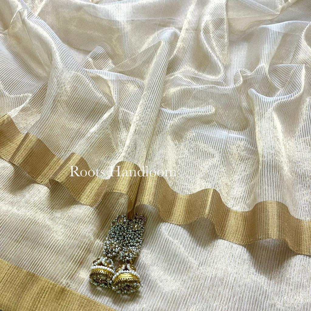 Off-White & Gold Maheshwari Saree with Zari lines all over