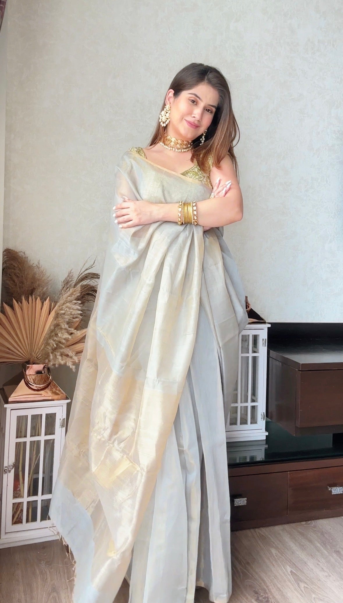 Silver Gold Maheshwari tissue silk saree with Zari lines on Pallu
