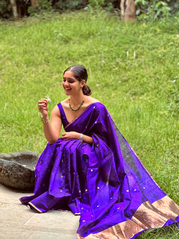 Dark Purple Chanderi Silk Saree with Flower Bootis all over