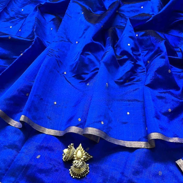 Royal blue chanderi silk saree with zari bootis all over