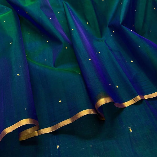 Peacock Blue & Green Dual Tone Chanderi Organza Silk Saree with Zari Bootis all over