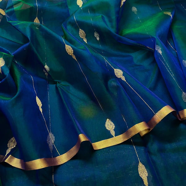 Peacock Blue & Green Dual Tone Chanderi Organza Silk Saree with Jhumka Motifs all over