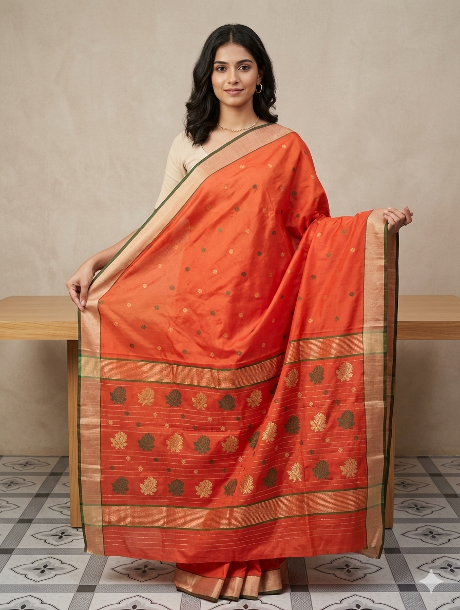 Handwoven  Chanderi silk saree all over multi motifs & rich pallu