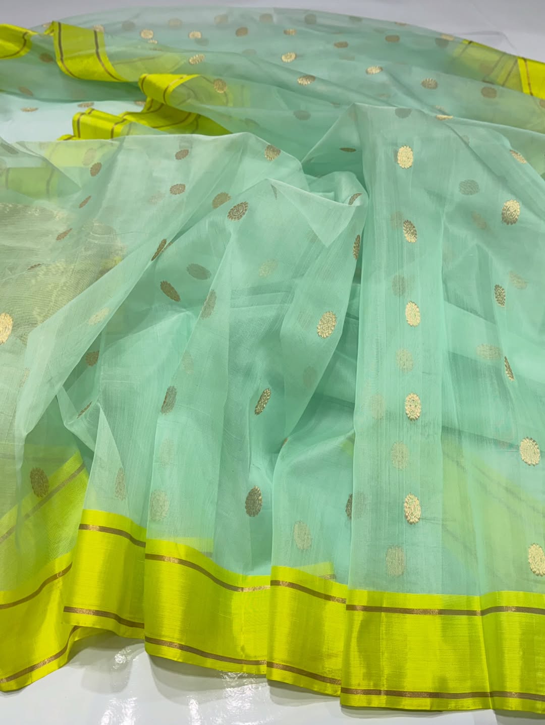 Mint green Chanderi organza (katan) silk saree it comes transparent shine