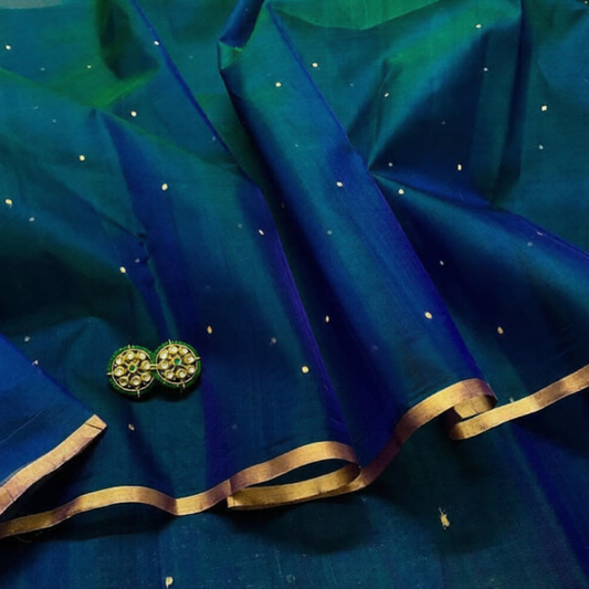 Peacock Blue & Green Dual Tone Chanderi Organza Silk Saree with Zari Bootis all over