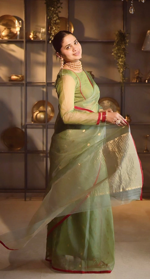 Olive gold &red Chanderi silk saree with zari bootis all over