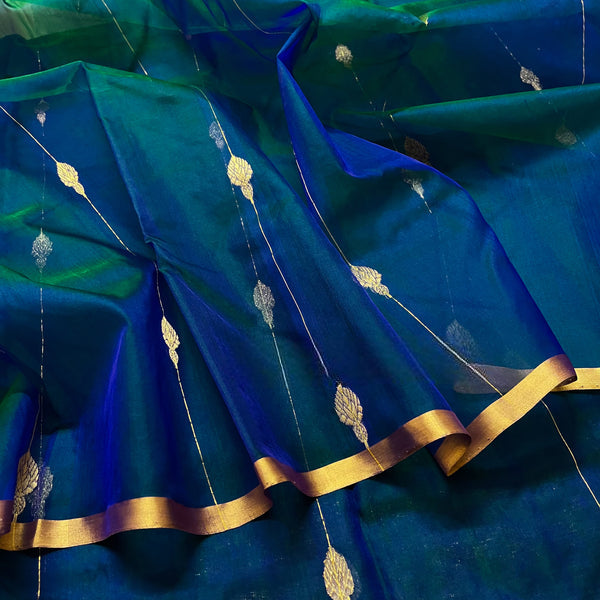 Peacock Blue & Green Dual Tone Chanderi Organza Silk Saree with Jhumka Motifs all over