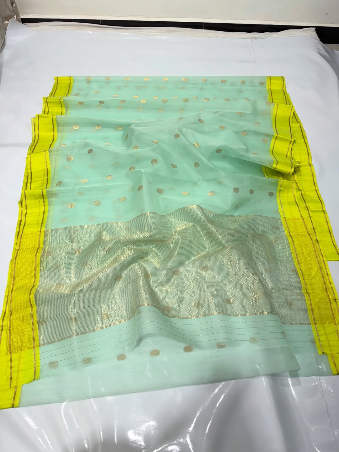 Mint green Chanderi organza (katan) silk saree it comes transparent shine