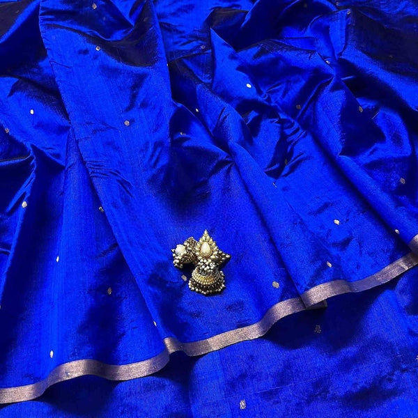 Royal blue chanderi silk saree with zari bootis all over
