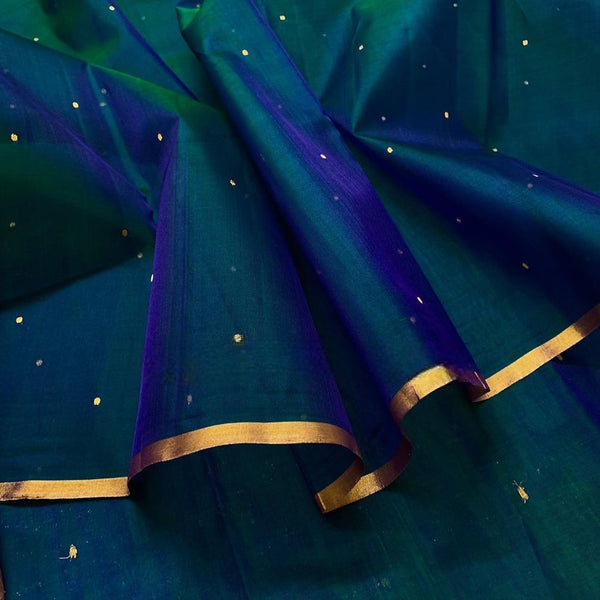 Peacock Blue & Green Dual Tone Chanderi Organza Silk Saree with Zari Bootis all over