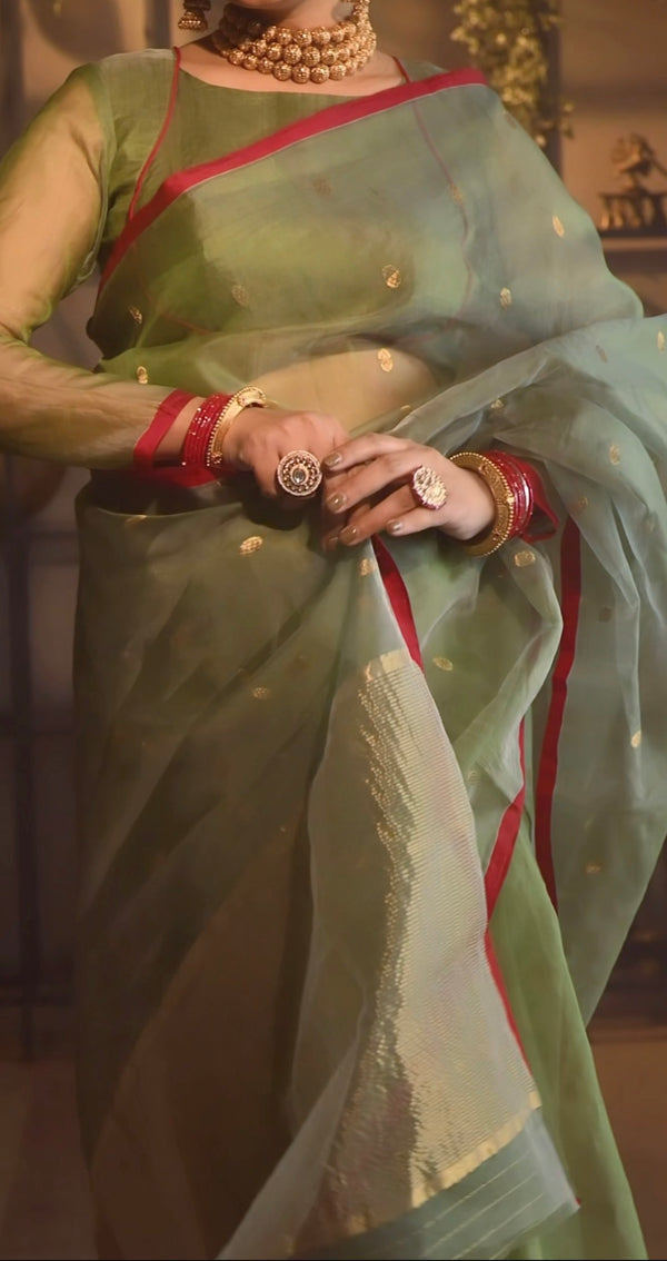 Olive gold &red Chanderi silk saree with zari bootis all over