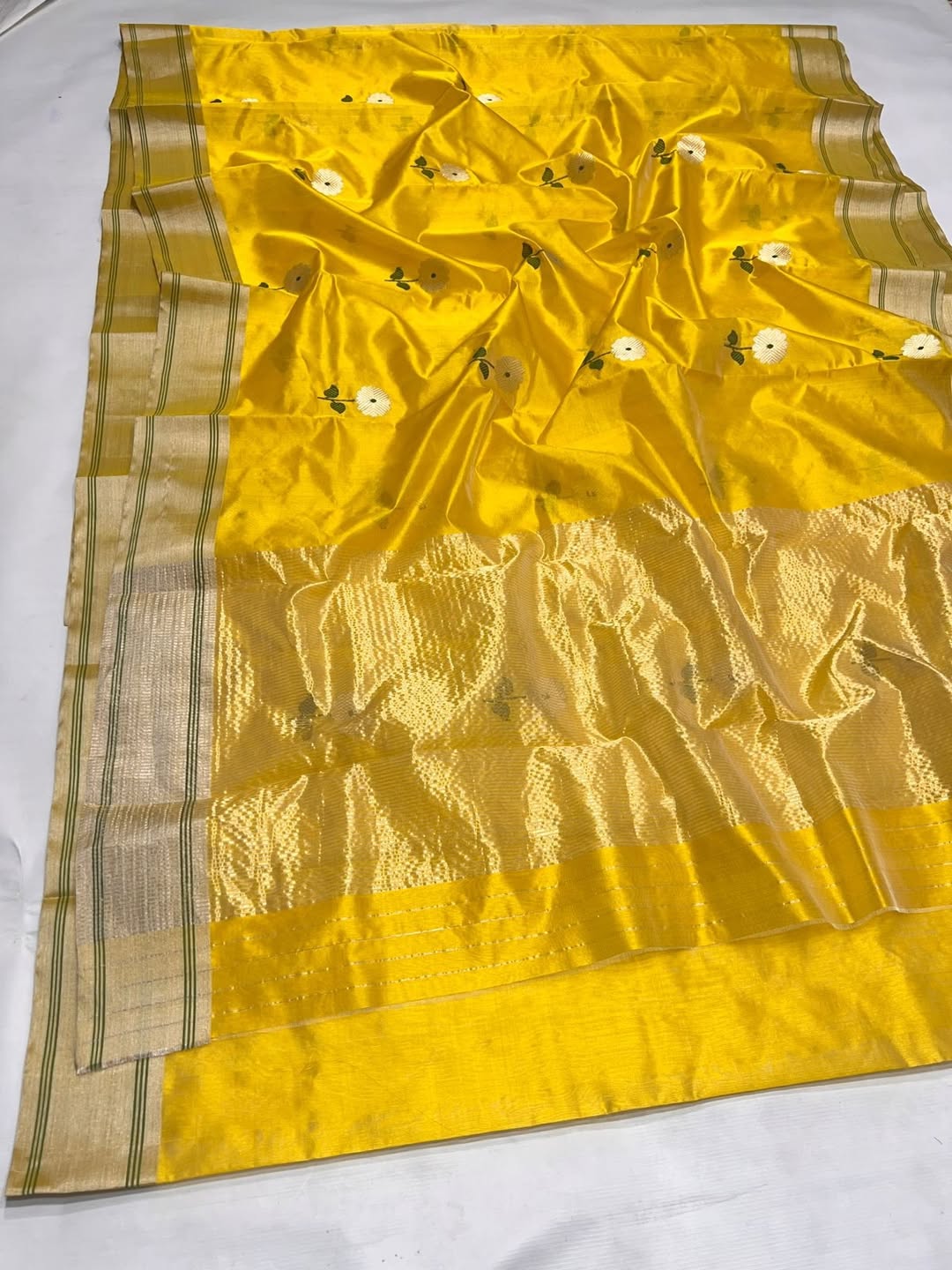 Yellow handwoven soft pattu silk Chanderi saree