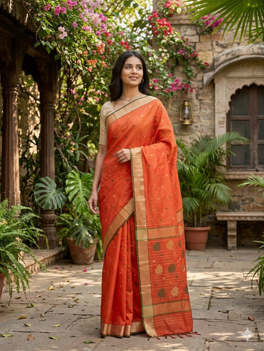Handwoven  Chanderi silk saree all over multi motifs & rich pallu