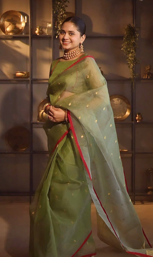 Olive gold &red Chanderi silk saree with zari bootis all over