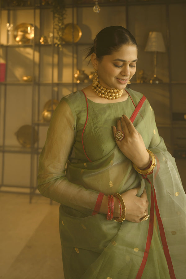 Olive gold &red Chanderi silk saree with zari bootis all over