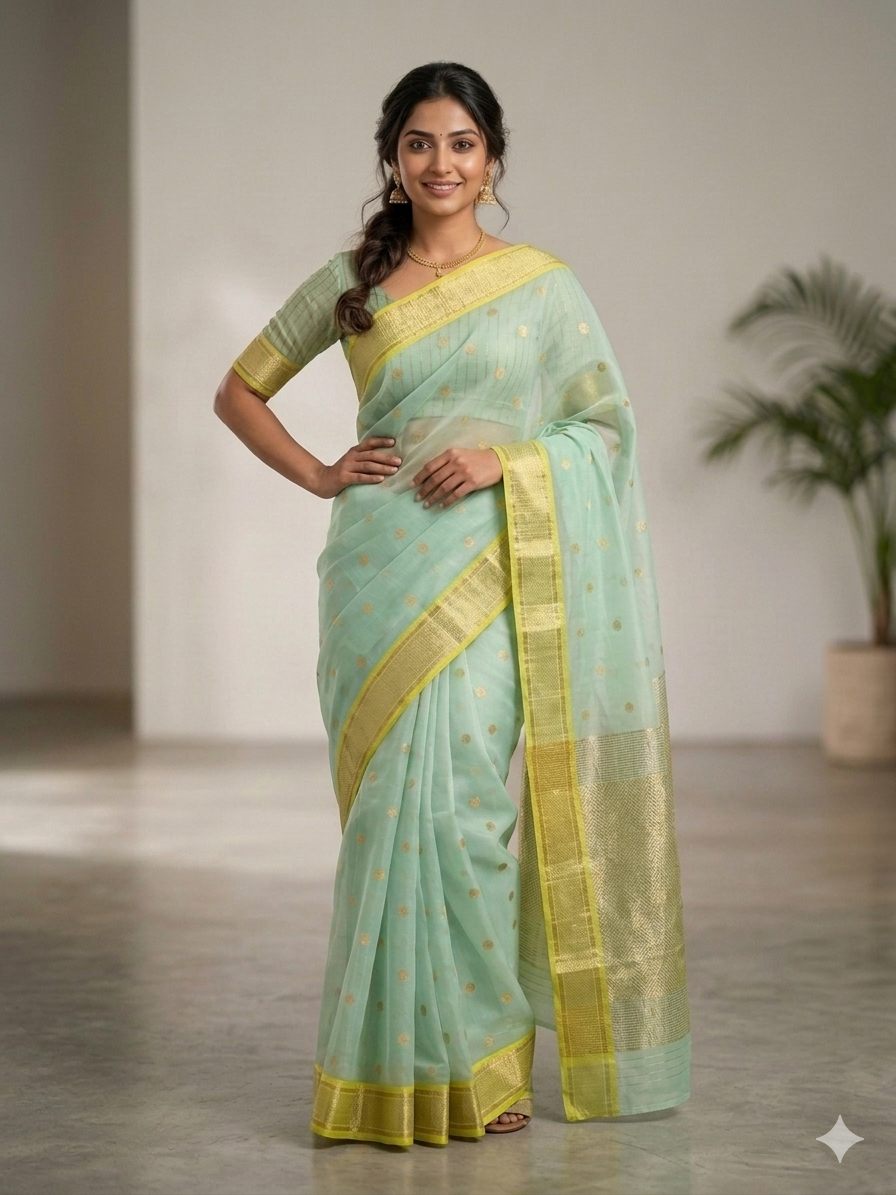 Mint green Chanderi organza (katan) silk saree it comes transparent shine