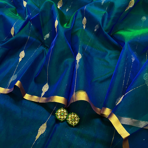 Peacock Blue & Green Dual Tone Chanderi Organza Silk Saree with Jhumka Motifs all over