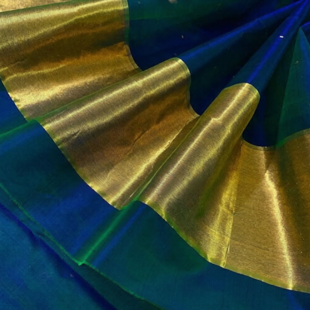 Peacock Blue & Green Dual Tone Chanderi Organza Silk Saree with Zari Bootis all over