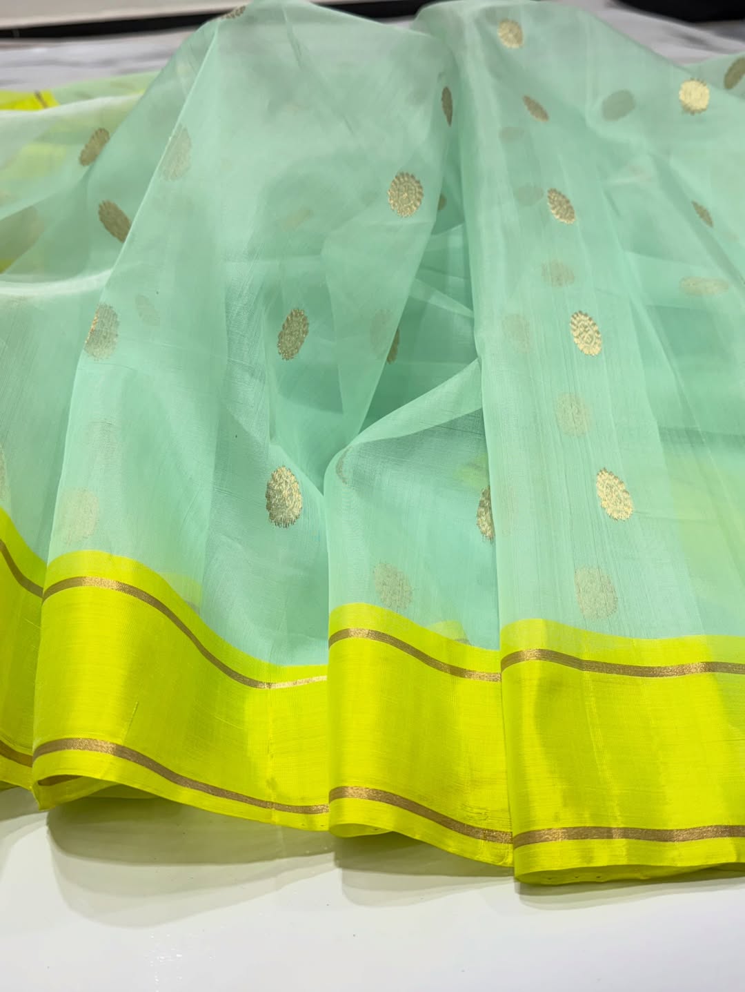 Mint green Chanderi organza (katan) silk saree it comes transparent shine