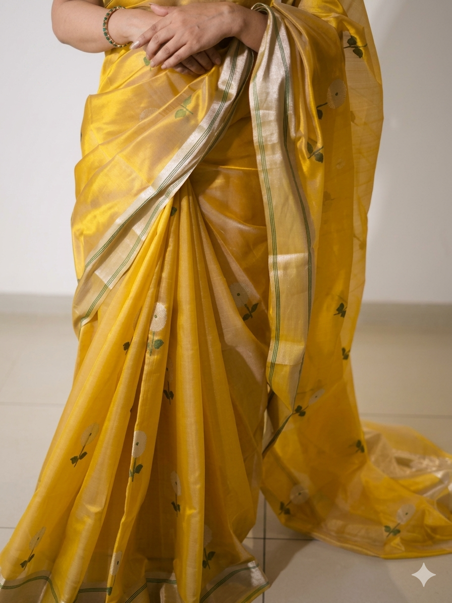 Yellow handwoven soft pattu silk Chanderi saree