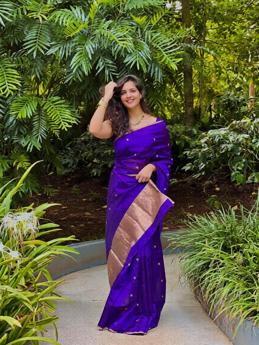 Dark Purple Chanderi Silk Saree with Flower Bootis all over