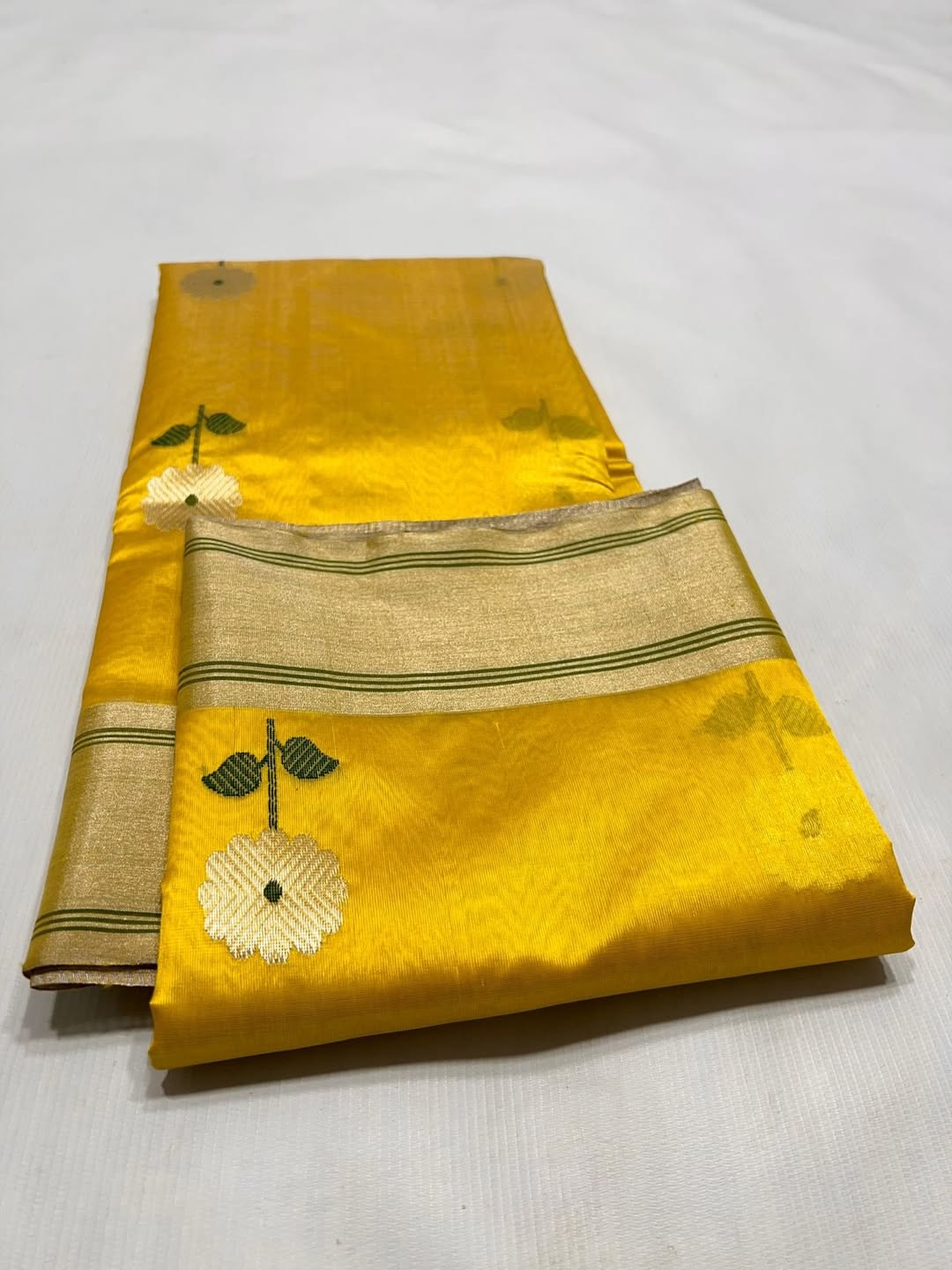 Yellow handwoven soft pattu silk Chanderi saree