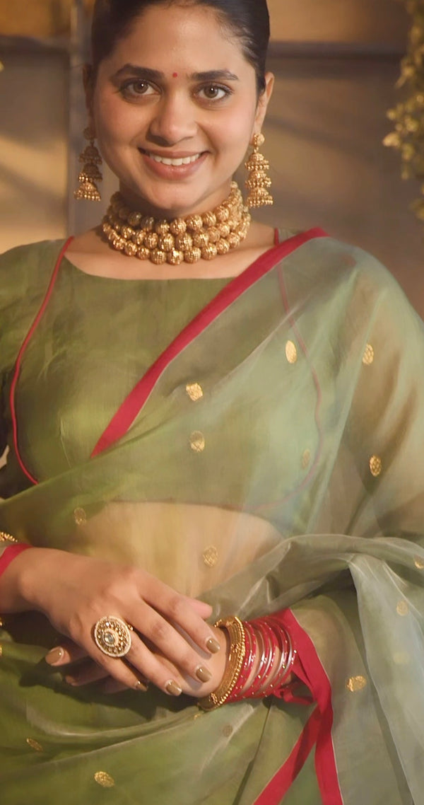 Olive gold &red Chanderi silk saree with zari bootis all over