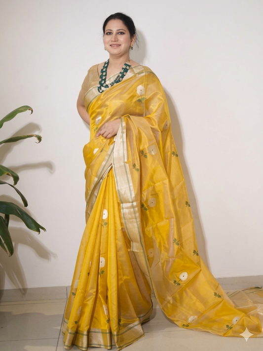 Yellow handwoven soft pattu silk Chanderi saree