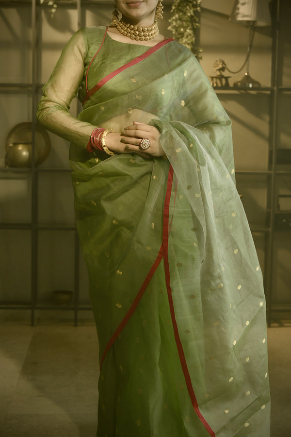 Olive gold &red Chanderi silk saree with zari bootis all over