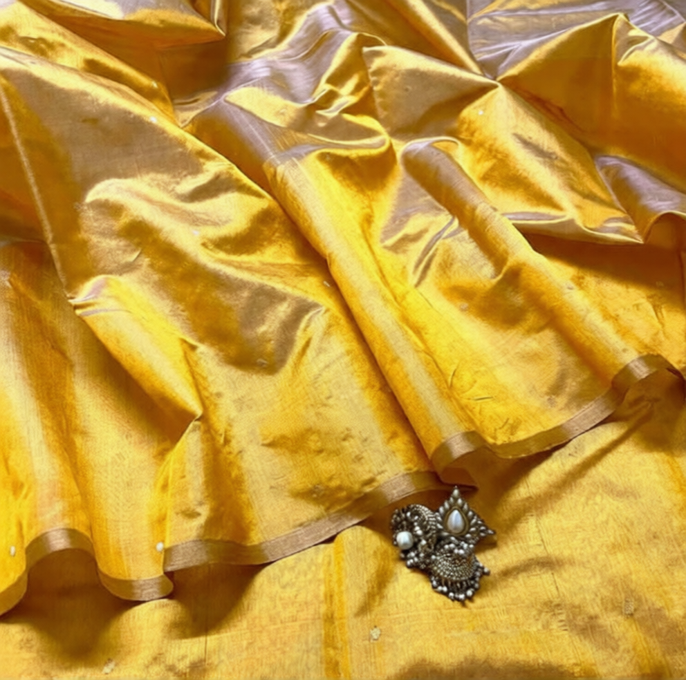 Amber Gold Chanderi Silk Saree with Zari Bootis all over
