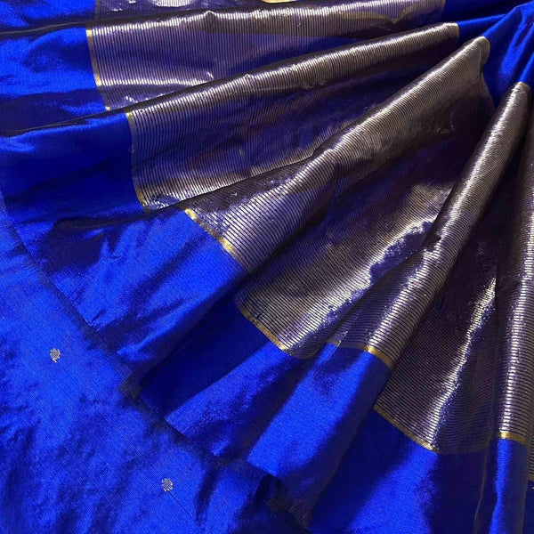 Royal blue chanderi silk saree with zari bootis all over
