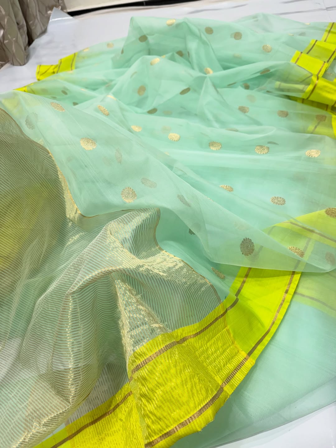 Mint green Chanderi organza (katan) silk saree it comes transparent shine